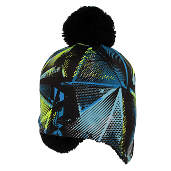 čepice na uši s podšívkou TROJÚHELNÍK ŠRÁFY, modrá/fluo žlutá